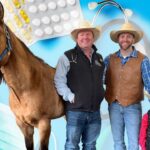 Three people in cowboy hats stand with a brown horse against a blue medical collage (pills, stethoscope, thermometer).