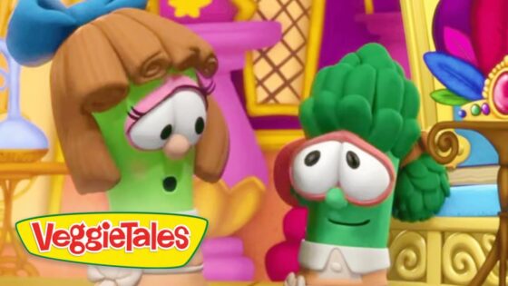 Two anthropomorphic vegetables from VeggieTales share a moment in a bright, whimsical set; the VeggieTales logo sits in the bottom-left corner.