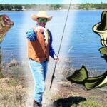 Man in a cowboy hat, vest, and sunglasses posing with a fishing rod by a lake, flanked by oversized cartoon fish.