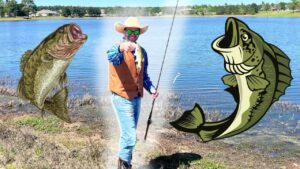 Man in a cowboy hat, vest, and sunglasses posing with a fishing rod by a lake, flanked by oversized cartoon fish.