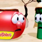 Red tomato and green cucumber VeggieTales characters in a desert, looking worried; VeggieTales logo bottom left.