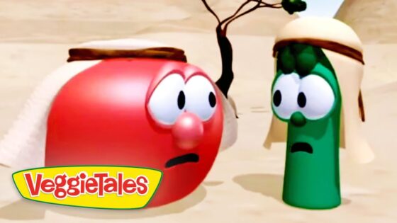 Red tomato and green cucumber VeggieTales characters in a desert, looking worried; VeggieTales logo bottom left.