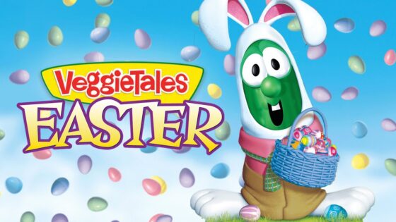 VeggieTales Easter: a green veggie in a white bunny suit holding a blue basket full of colorful Easter eggs.