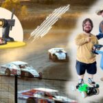 Collage of an RC car race: two men posing with a remote-controlled car on a dirt track, with a cartoon speed car on the left.