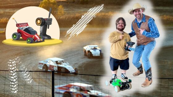 Collage of an RC car race: two men posing with a remote-controlled car on a dirt track, with a cartoon speed car on the left.