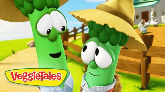 Two green VeggieTales characters, one wearing a straw hat, chat happily outdoors on a sunny farm with the VeggieTales logo visible.