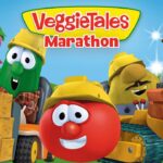 VeggieTales characters operate a construction site with a red, helmeted tomato in the foreground and a brick-laden forklift truck, under a bright sky.