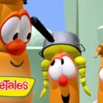 Three cheerful VeggieTales carrots stand together, one wearing a pot on its head, in a bright animated scene with the VeggieTales logo.