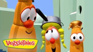 Three cheerful VeggieTales carrots stand together, one wearing a pot on its head, in a bright animated scene with the VeggieTales logo.