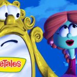 Colorful VeggieTales promo image with a gold ornate mirror on the left and a blue-green character looking up on the right, against a blue sky background