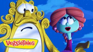 Colorful VeggieTales promo image with a gold ornate mirror on the left and a blue-green character looking up on the right, against a blue sky background