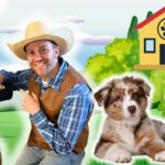 Smiling cowboy-style man pets a kitten in a tree trunk, while two puppies sit on the grass in a cartoon yard with a dog house in the background.