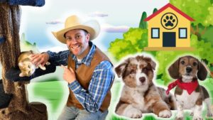 Smiling cowboy-style man pets a kitten in a tree trunk, while two puppies sit on the grass in a cartoon yard with a dog house in the background.