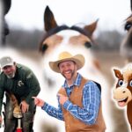 Two men stand with horses on a farm, smiling at the camera, with a cartoon horse right of center.