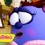 Close-up of a purple VeggieTales character with a surprised expression in a kitchen scene, a framed drawing in the background, VeggieTales logo visible bottom left.