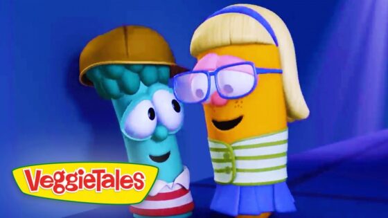 Two VeggieTales characters wearing glasses laugh together, with the VeggieTales logo in the lower left corner.