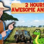 Thumbnail: man in a cowboy hat points at a sign reading '2 HOURS AWESOME ANIMALS!' with a safari jeep, a cartoon snake, and a prairie dog in a savanna background.