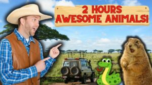 Thumbnail: man in a cowboy hat points at a sign reading '2 HOURS AWESOME ANIMALS!' with a safari jeep, a cartoon snake, and a prairie dog in a savanna background.