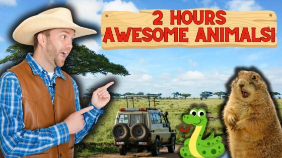 Thumbnail: man in a cowboy hat points at a sign reading '2 HOURS AWESOME ANIMALS!' with a safari jeep, a cartoon snake, and a prairie dog in a savanna background.