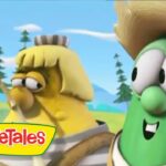 Two animated VeggieTales characters converse in a sunny outdoor scene, with the VeggieTales logo in the lower-left corner.