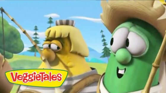 Two animated VeggieTales characters converse in a sunny outdoor scene, with the VeggieTales logo in the lower-left corner.