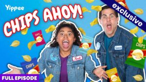 Video thumbnail: two people in denim jackets shouting with bags of chips and floating chips on a bright blue background; bold "CHIPS AHOY!" text and banners saying Exclusive and Full Episode.
