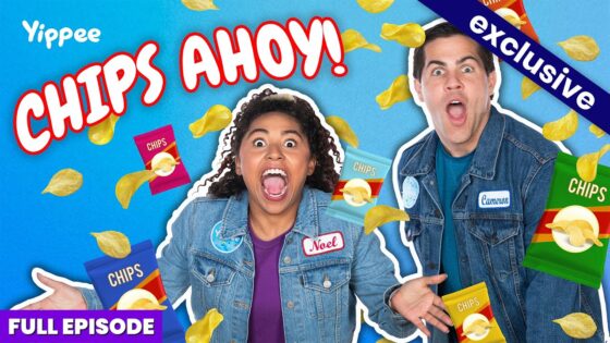Video thumbnail: two people in denim jackets shouting with bags of chips and floating chips on a bright blue background; bold "CHIPS AHOY!" text and banners saying Exclusive and Full Episode.