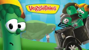 VeggieTales cover scene with a tall green vegetable and other veggie characters in a fast-paced car chase against a bright blue background.