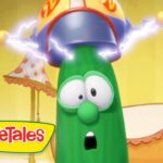 Larry the Cucumber wearing a helmet with glowing thunder, surprised expression, VeggieTales scene in a yellow room