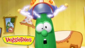Larry the Cucumber wearing a helmet with glowing thunder, surprised expression, VeggieTales scene in a yellow room