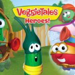 Promotional VeggieTales Heroes image showing friendly veggie characters posing for an adventure, with the title VeggieTales Heroes! across the top.
