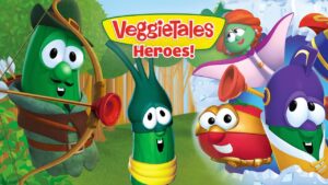 Promotional VeggieTales Heroes image showing friendly veggie characters posing for an adventure, with the title VeggieTales Heroes! across the top.
