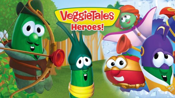 Promotional VeggieTales Heroes image showing friendly veggie characters posing for an adventure, with the title VeggieTales Heroes! across the top.