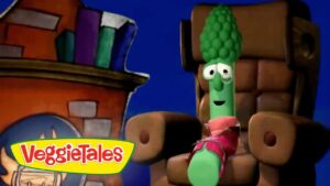 Animated green veggie with a broccoli-like head sits on a brown throne, wearing a pink scarf; VeggieTales logo visible in the corner.