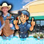 Two smiling tradespeople stand in front of a yellow storefront, beside a cartoon handyman giving a thumbs up, with blue bubbly foreground shapes suggesting cleaning or maintenance.