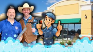 Two smiling tradespeople stand in front of a yellow storefront, beside a cartoon handyman giving a thumbs up, with blue bubbly foreground shapes suggesting cleaning or maintenance.