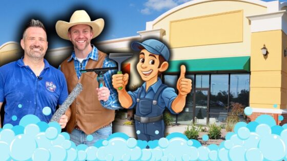 Two smiling tradespeople stand in front of a yellow storefront, beside a cartoon handyman giving a thumbs up, with blue bubbly foreground shapes suggesting cleaning or maintenance.