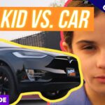 Thumbnail for a video: a black Tesla in focus with a young girl's face on the right and bold 'KID VS. CAR' text across the top; colorful, action-packed banner likely for a car-themed episode.