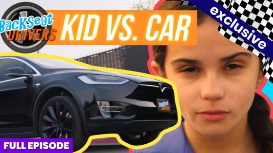 Thumbnail for a video: a black Tesla in focus with a young girl's face on the right and bold 'KID VS. CAR' text across the top; colorful, action-packed banner likely for a car-themed episode.