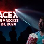SpaceX Falcon 9 rocket launch announcement with date June 23, 2024; man in a teal shirt eating popcorn in foreground as spectators watch at night