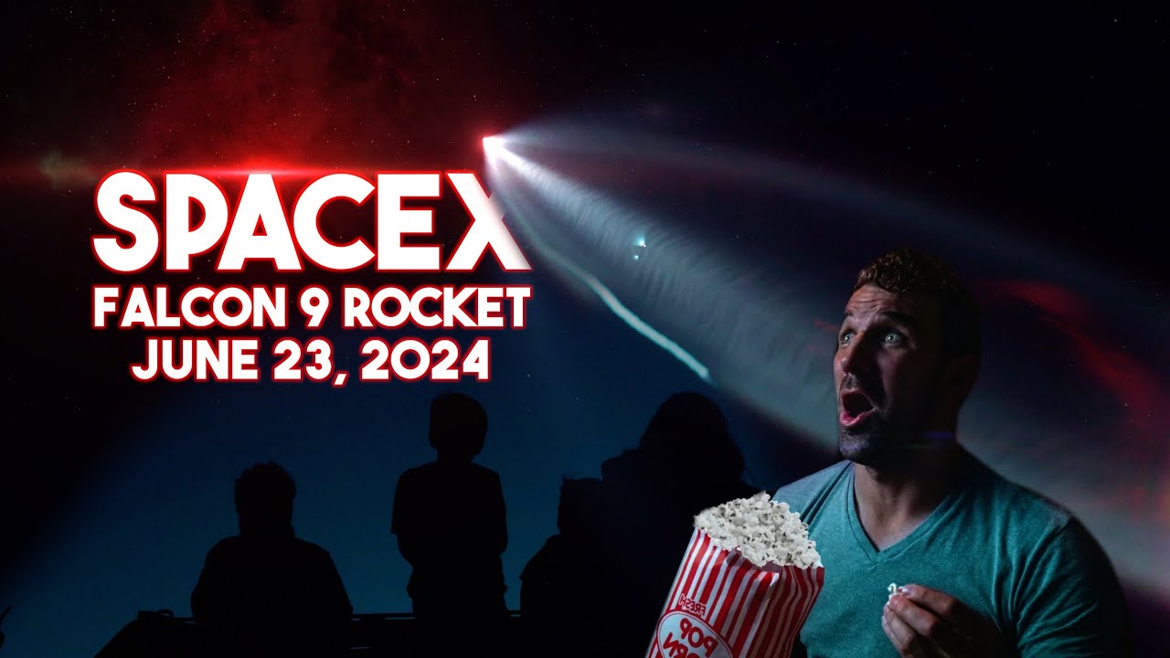 SpaceX Falcon 9 rocket launch announcement with date June 23, 2024; man in a teal shirt eating popcorn in foreground as spectators watch at night