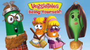 Promotional image for VeggieTales: Being Yourself! featuring colorful veggie characters in costumes with a microphone and broom.