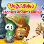 VeggieTales cover: colorful vegetables in costumes with the title 'Stories About Family!'