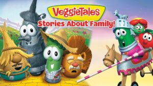 VeggieTales cover: colorful vegetables in costumes with the title 'Stories About Family!'