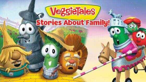 VeggieTales cover: colorful vegetables in costumes with the title 'Stories About Family!'