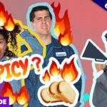 Thumbnail for a spicy‑food episode: three people with flame graphics and 'SPICY?' text on a colorful collage.