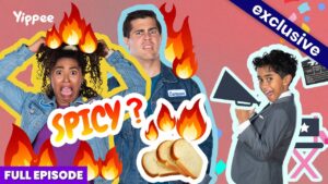 Thumbnail for a spicyβfood episode: three people with flame graphics and 'SPICY?' text on a colorful collage.