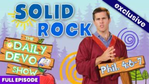 Man in a red robe gestures with clasped hands in a bright, cartoon-style forest thumbnail for a daily devotional show, sign reads Phil. 4:6-7