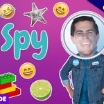 Thumbnail for a YouTube video titled 'I Spy' with emojis, a magnifying glass, a man in a denim jacket, and the words 'Full Episode' on a purple background.