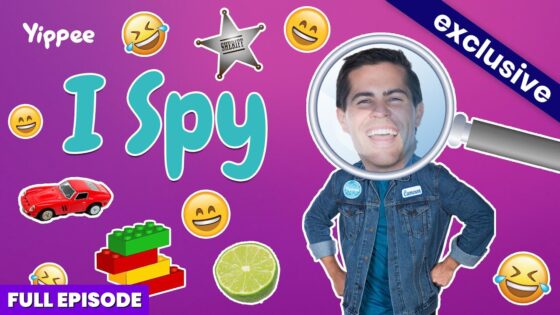Thumbnail for a YouTube video titled 'I Spy' with emojis, a magnifying glass, a man in a denim jacket, and the words 'Full Episode' on a purple background.